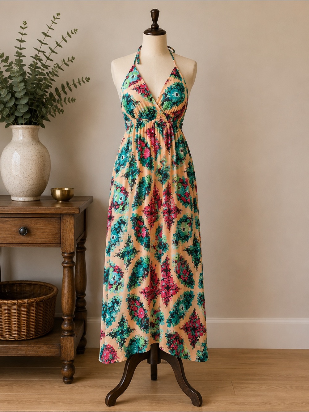 Boho Floral Halter Maxi Dress Peach Turquoise Empire Waist Sleeveless Size M